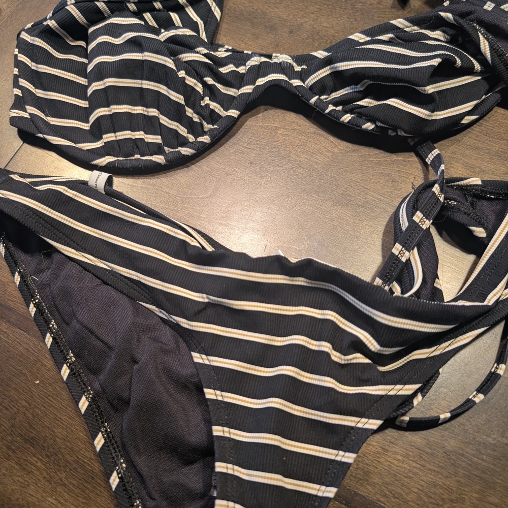 Stone Rose Black and Cream Striped Bikini Set